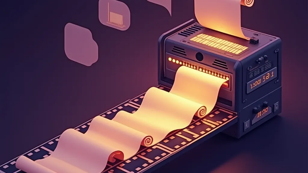Illustration of script pages flowing from a terminal into empty film frames, showing a text-only LLM video workflow